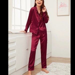 RALPH LAUREN CHAPS RED STRIPE SILKY LS BUTTON DOWN TOP DRAWSTRING PJ PANTS SET M